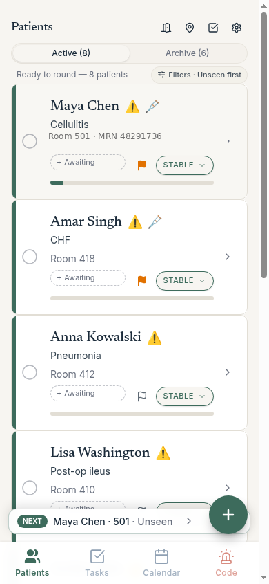 xRounds census showing patient cards and Sticky Next